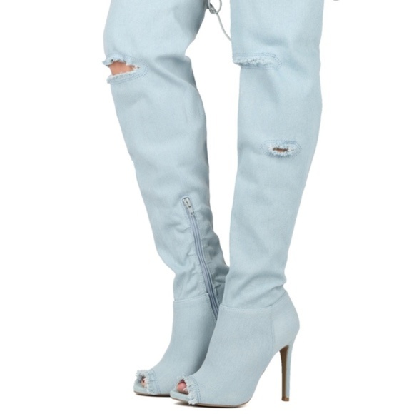 Wild Diva Shoes - Wild Diva Peep Toe Light Denim Over the Knee Boots